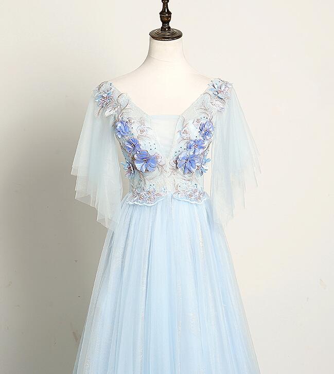 Light Blue Flower Lace V-neckline Puffy Sleeves Long Party Dress, Blue