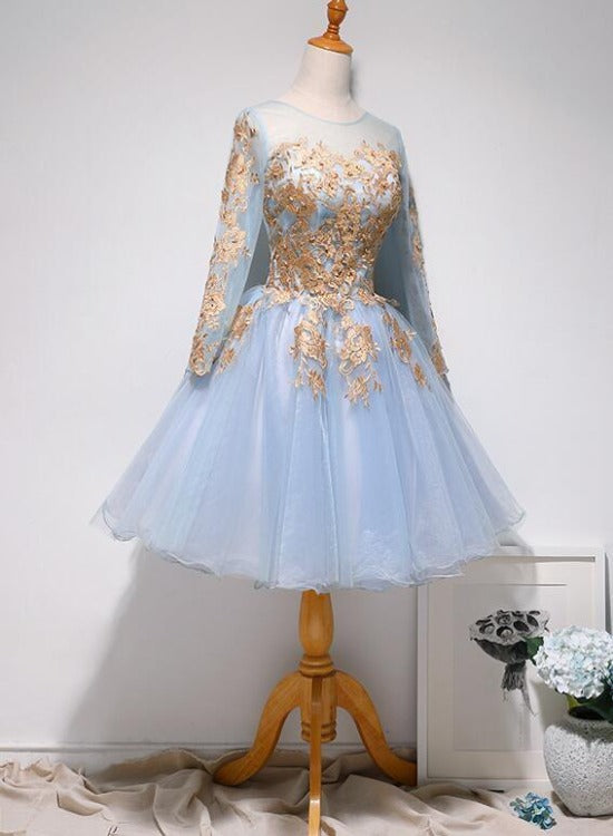 Light Blue Long Sleeves with Gold Lace Cute Homecoming Dress, Blue Short Prom Dress US Size 2 / Blue Light Blue Long Sleeves with Gold Lace Cute Homecoming Dress, Blue Short Prom Dress US Size 2 / Blue