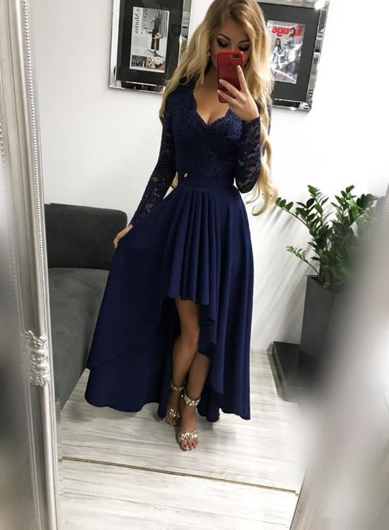 Navy Blue Chiffon and Lace High Low Wedding Party Dress, Long Sleeves ...