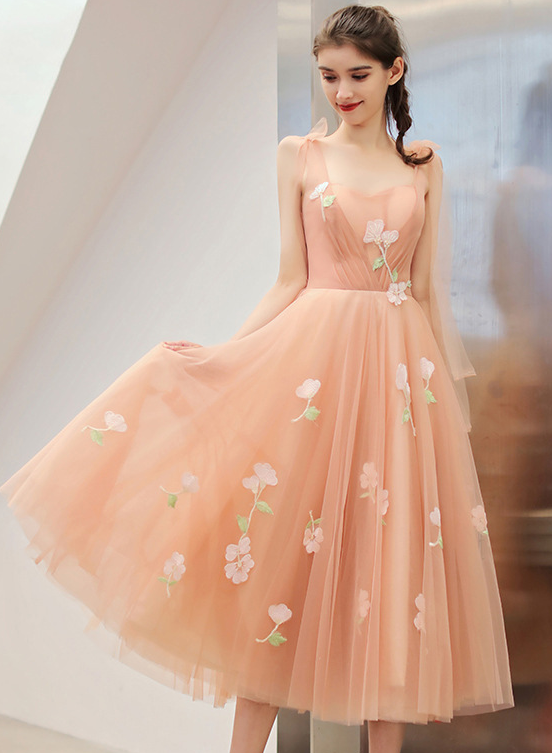Lovely Pearl Pink Tulle Tea Length Wedding Party Dresses with Flowers ...