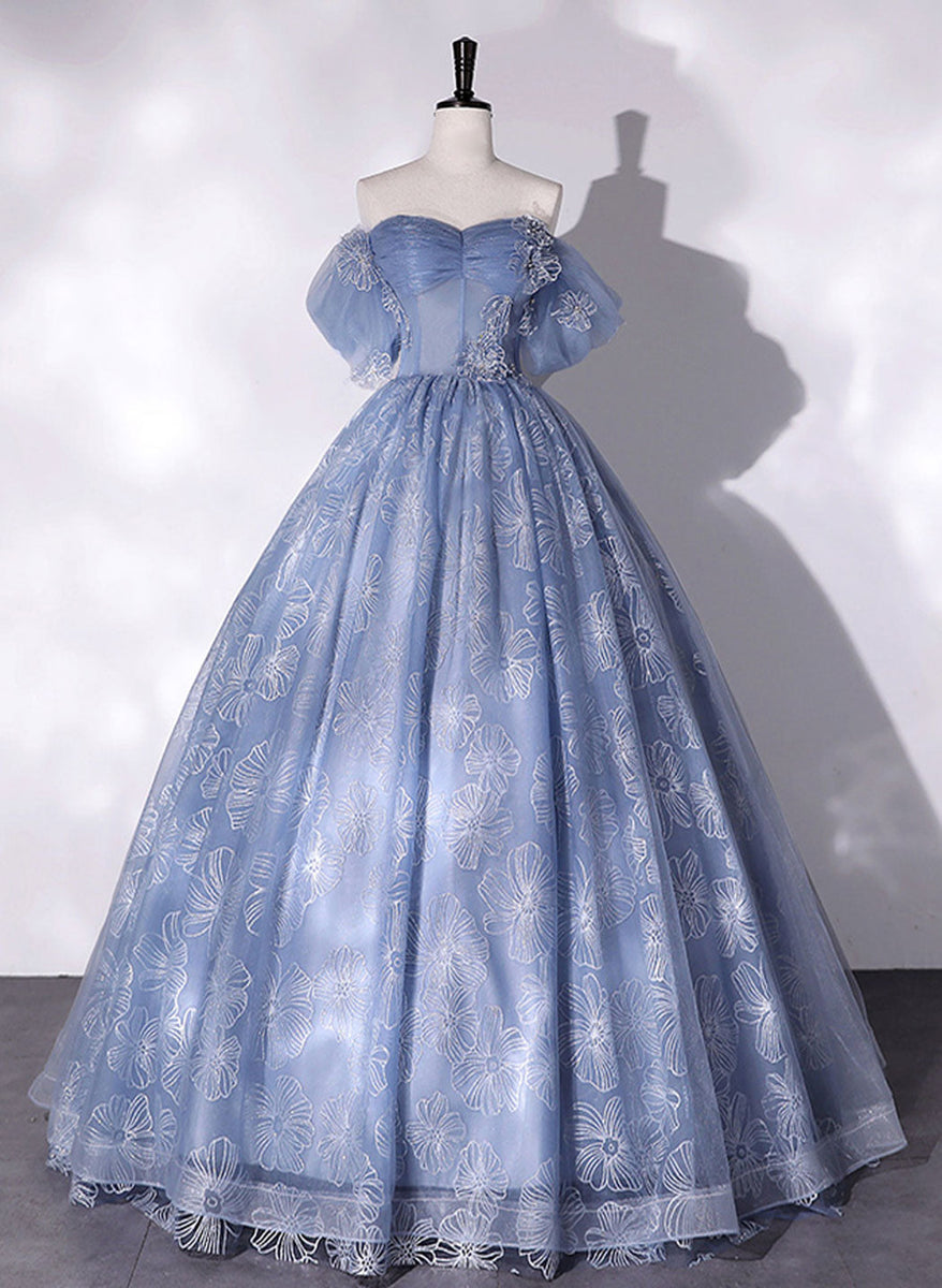Trendy Off-the-Shoulder Blue Ball Gown Beads Sequins Sweet 16 Dresses C8261