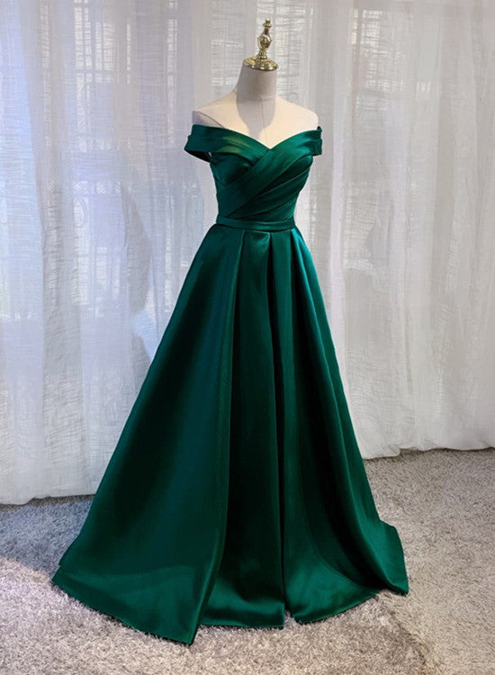 Green Satin Long Prom Dress, Off The Shoulder Evening Party Dress US 16 / Green Green Satin Long Prom Dress, Off The Shoulder Evening Party Dress US 16 / Green