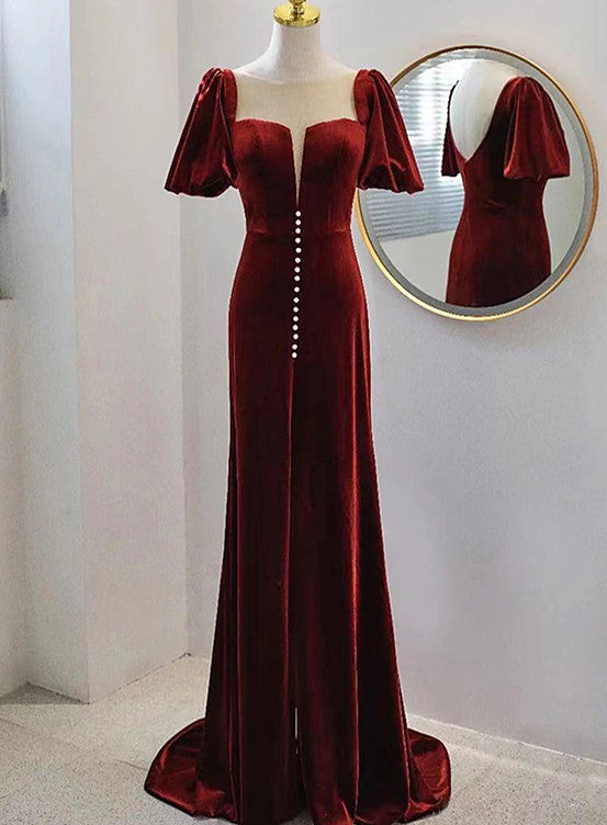 Wine Red Velvet Long Round Neckline Party Dress, Wine Red Prom Dresses US Size 4 / Wine Red