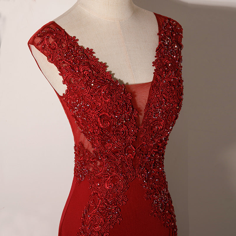 Wine Red Mermaid Floor Length Low Back Evening Dress, Burgundy Prom Dr
