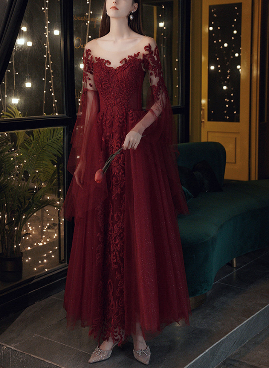 wine red lace prom dress Wine Red Tulle V-neckline with Lace Applique Prom Dress, WIne Red Long   Formaldressy