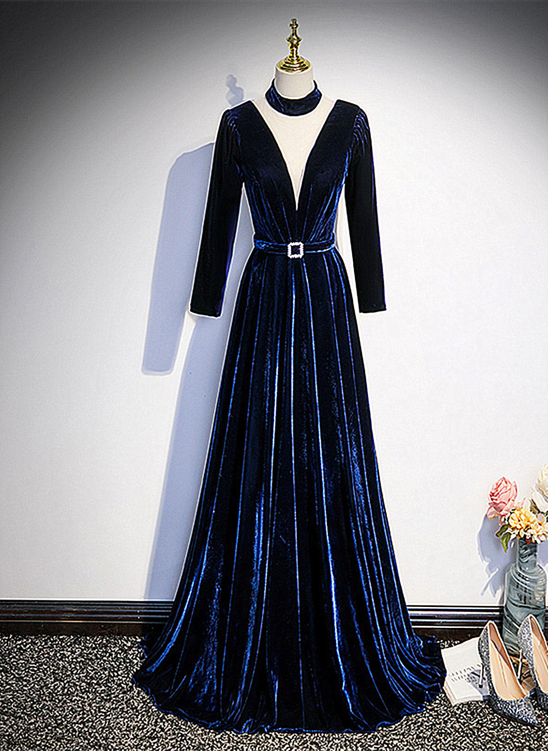 Blue Velvet Long Sleeves Floor Length Wedding Party Dress, Blue Formal Gown US Size 2 / Blue