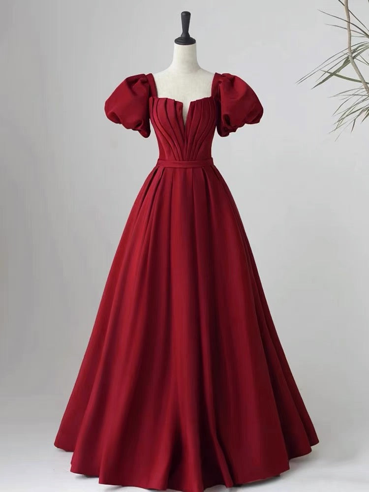Lovely Satin Floor Length Short Sleeves Party Dress, A-Line Evening Party Dress US 2 / Burgundy