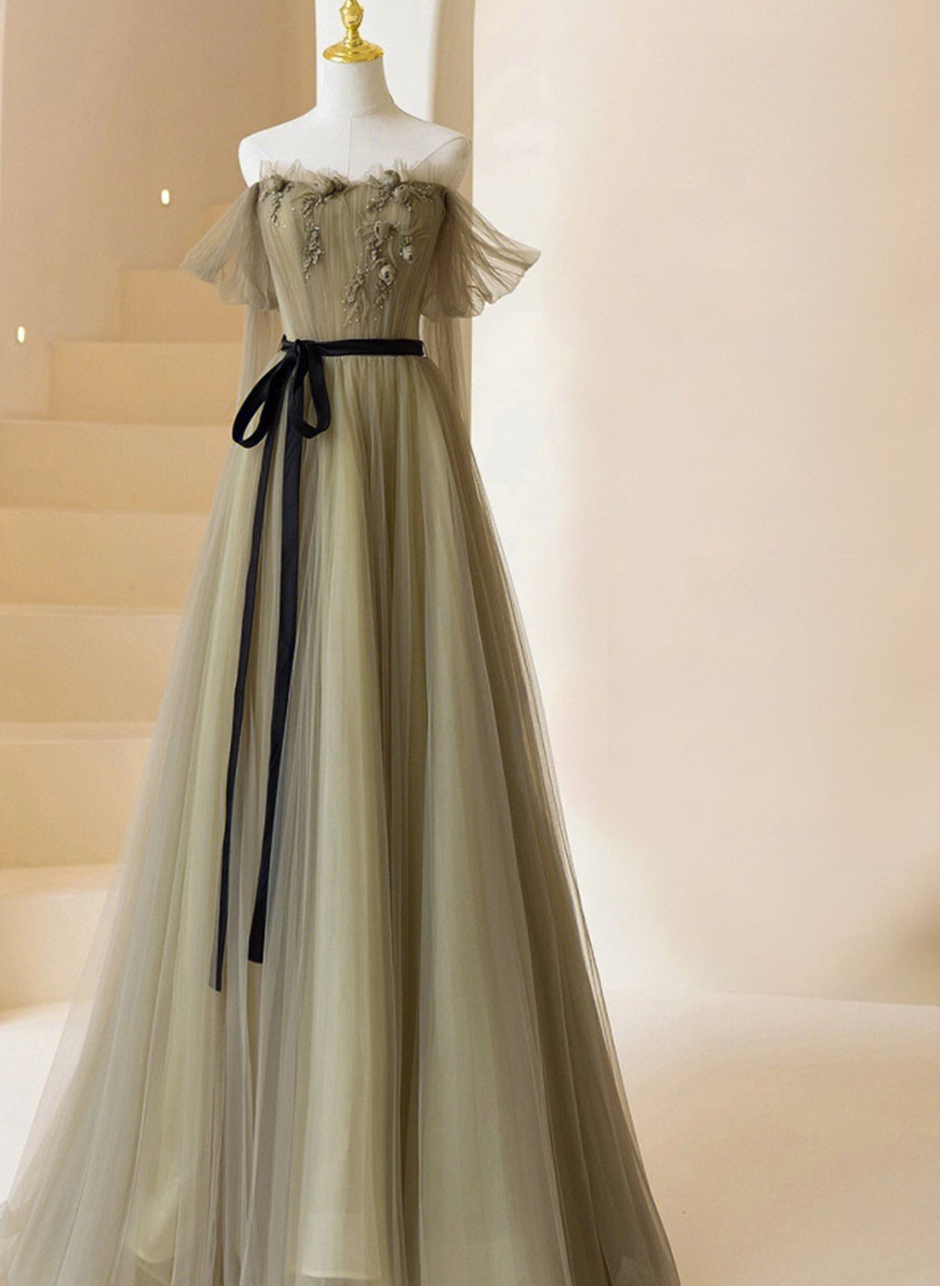 A Line Tulle Strapless Green Flowers Prom Dress