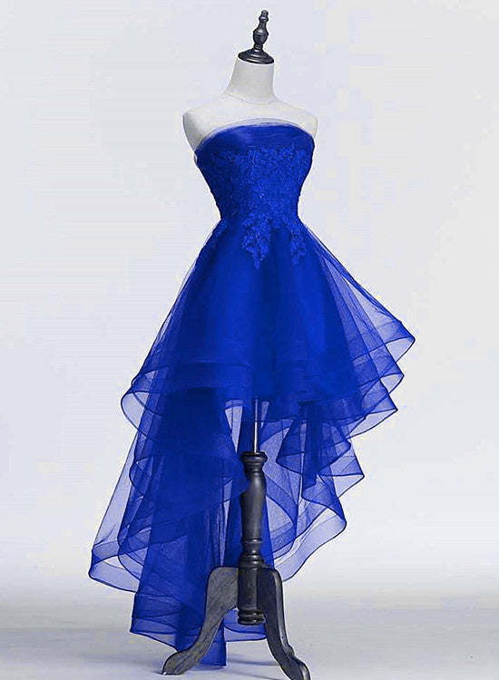 Royal Blue Tulle with Lace Applique High Low Party Dress, Blue Homecoming Dress US size 4 / Custom Color