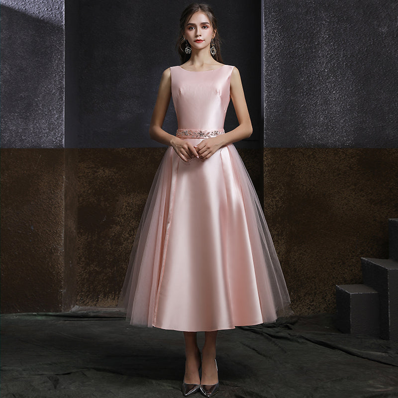 Pink Satin and Tulle V Back Tea Length Party Dress, Pink Wedding Party ...