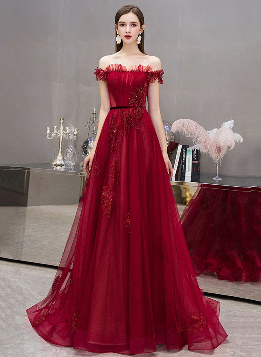 Off The Shoulder Burgundy Long Prom Dresses, A-Line Evening Dresses US 12 / Burgundy