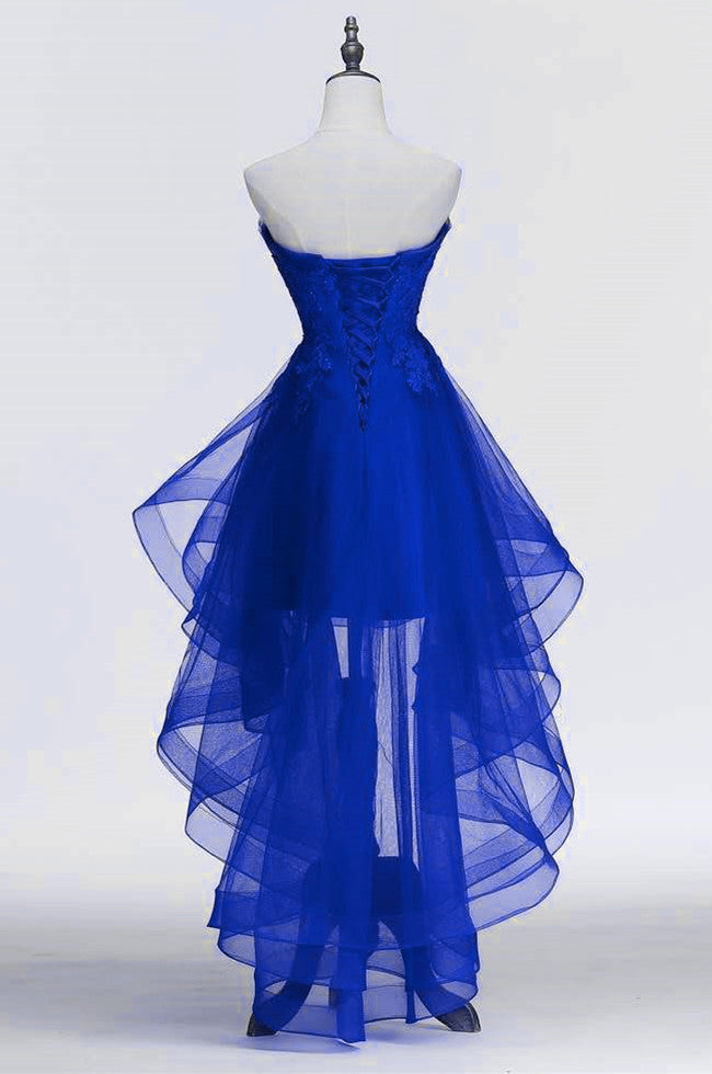 Royal Blue Tulle with Lace Applique High Low Party Dress, Blue Homecom ...