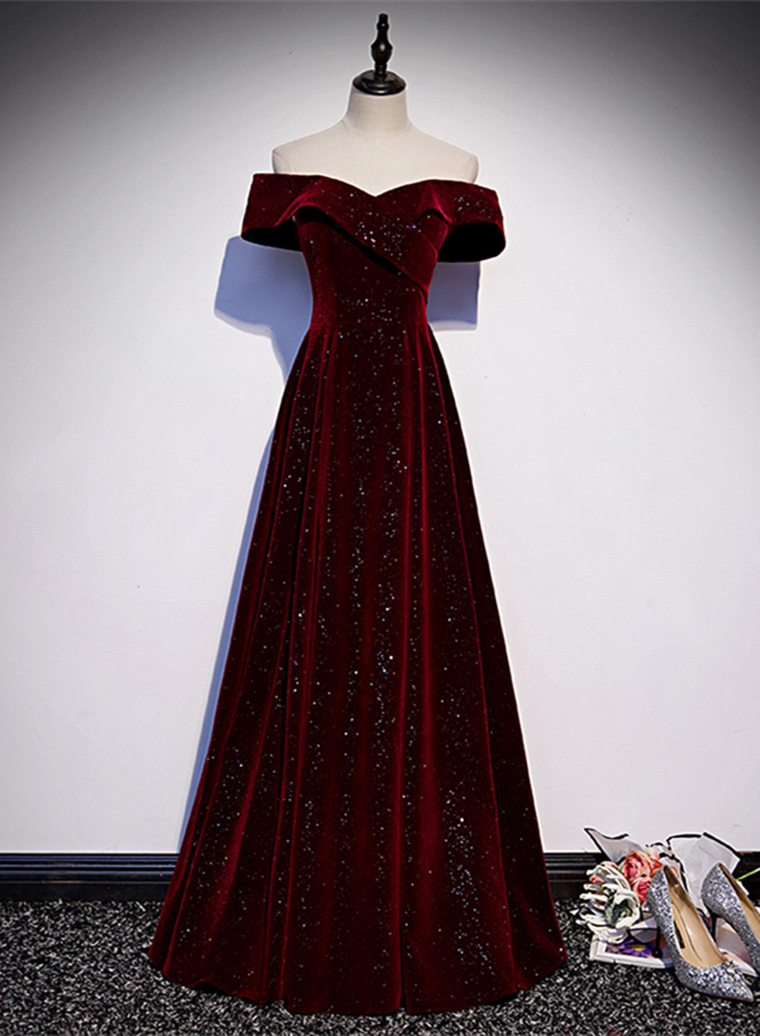 A-Line Off Shoulder Velvet Burgundy Long Prom Dress, Burgundy Long Formal Dress US 2 / Burgundy A-Line Off Shoulder Velvet Burgundy Long Prom Dress, Burgundy Long Formal Dress US 2 / Burgundy