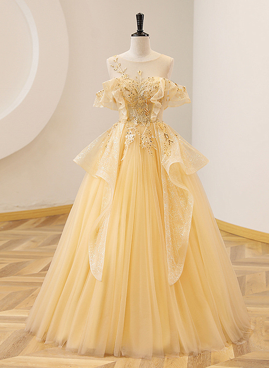 Light Yellow Tulle with Beadings and Lace Party Dress, Yellow Tulle Prom Dress US size 24W / Custom Color