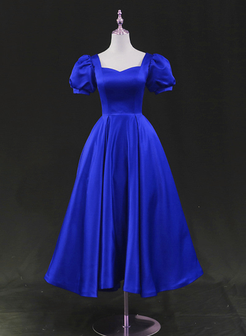 Royal Blue Satin Tea Length Wedding Party Dress, Blue Prom Homecoming Dress US size 16W / Custom Color Royal Blue Satin Tea Length Wedding Party Dress, Blue Prom Homecoming Dress US size 16W / Custom Color