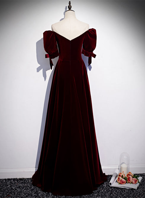 Wine Red Velvet Short Sleeves A-line Prom Dress, Wine Red Velvet Long Evening Dress