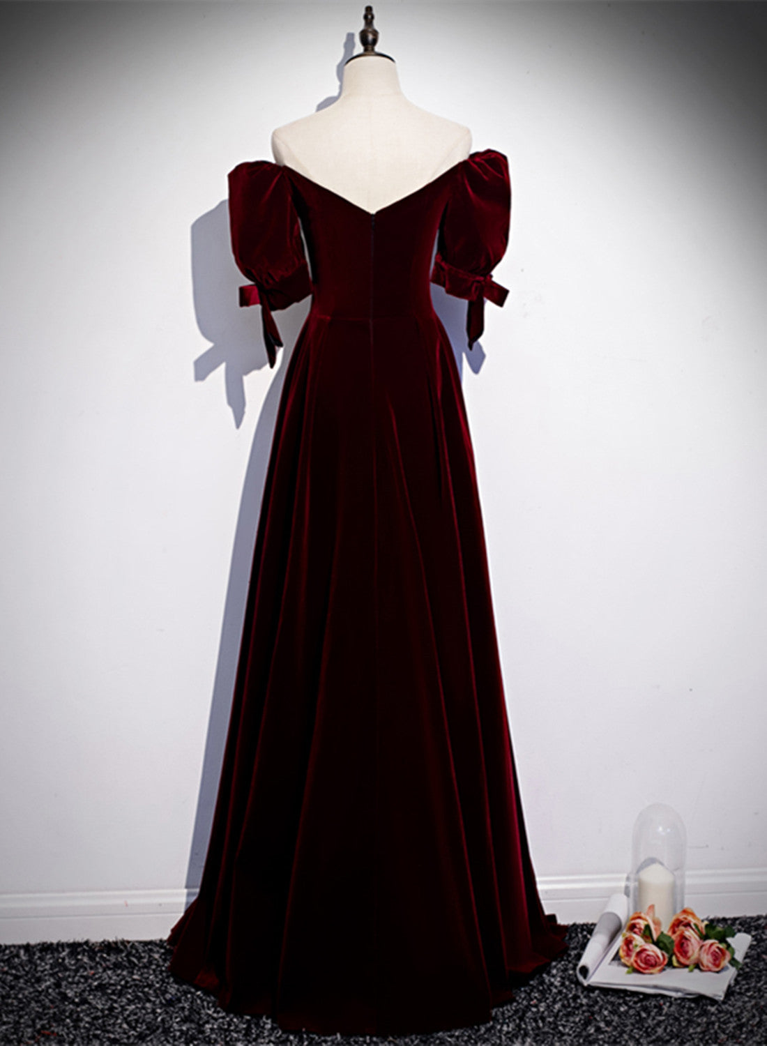 Wine Red Velvet Floor Length Short Sleeves Party Dress, A-line Wine Re