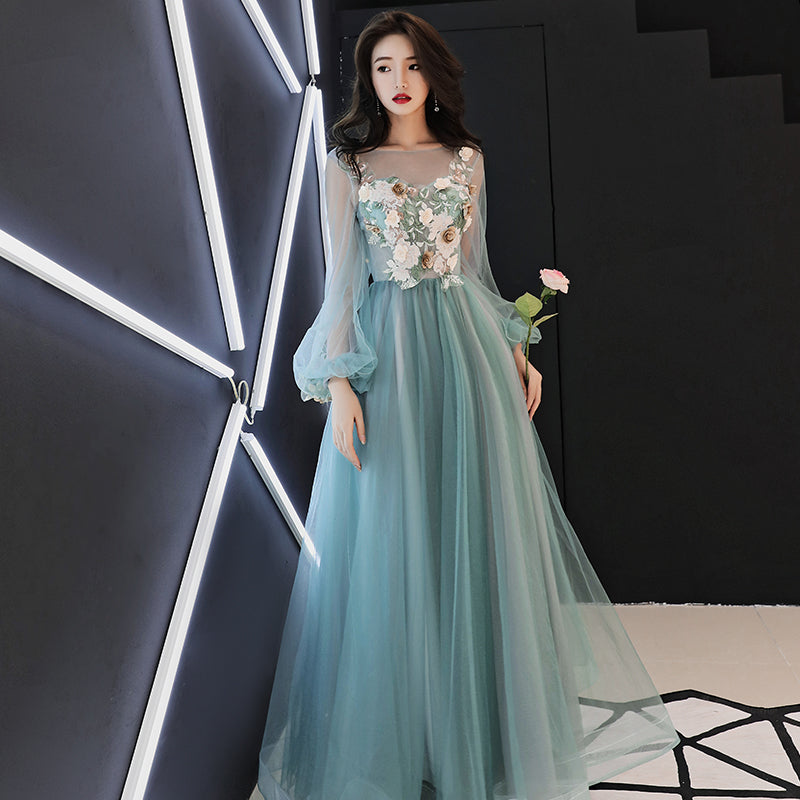 Fashionable Light Green Tulle Long Sleeves Prom Dress, A-line Party Dr ...