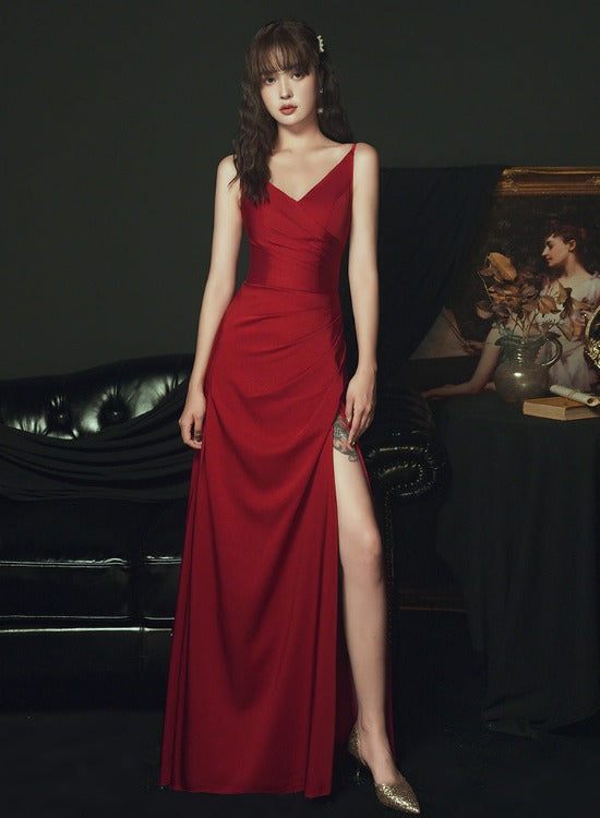 Sexy Wine Red Satin Straps Long Party Dress, Charming Dark Red Formal –  BeautyDressy