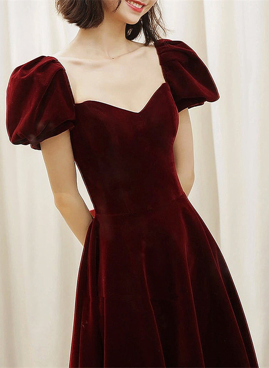 Wine Red Velvet Knee Length Short Party Dress