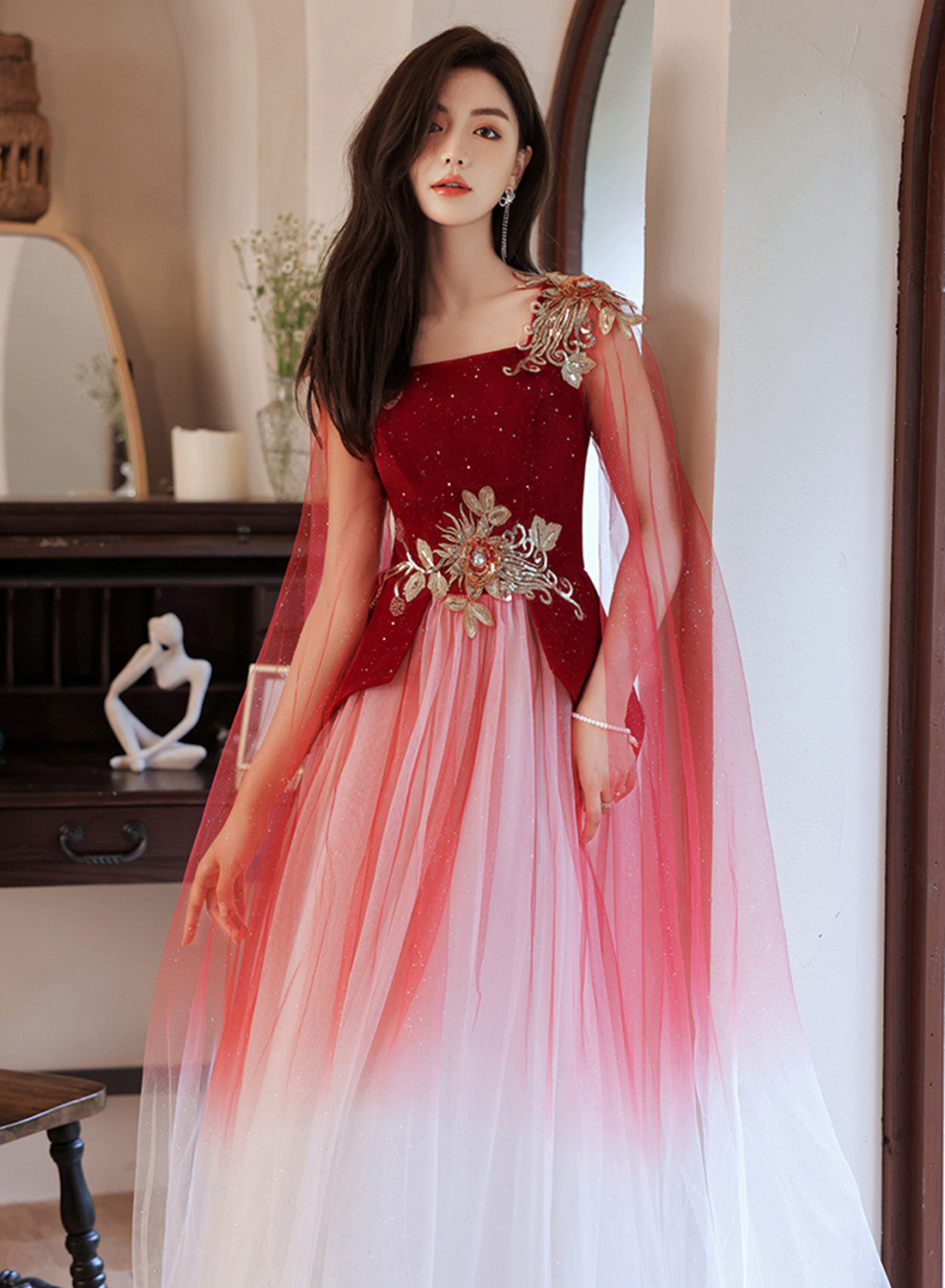 Red Gradient Tulle with Flowers Long Wedding Party Dress, Red Formal Dress US Size 16 / Red Red Gradient Tulle with Flowers Long Wedding Party Dress, Red Formal Dress US Size 16 / Red