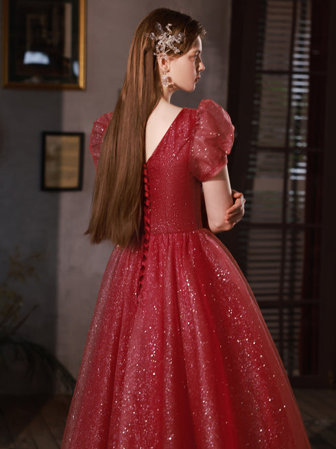 Wine Red Shiny Tulle Layers Straps Party Dress With Lace, V-Neckline Prom Dress