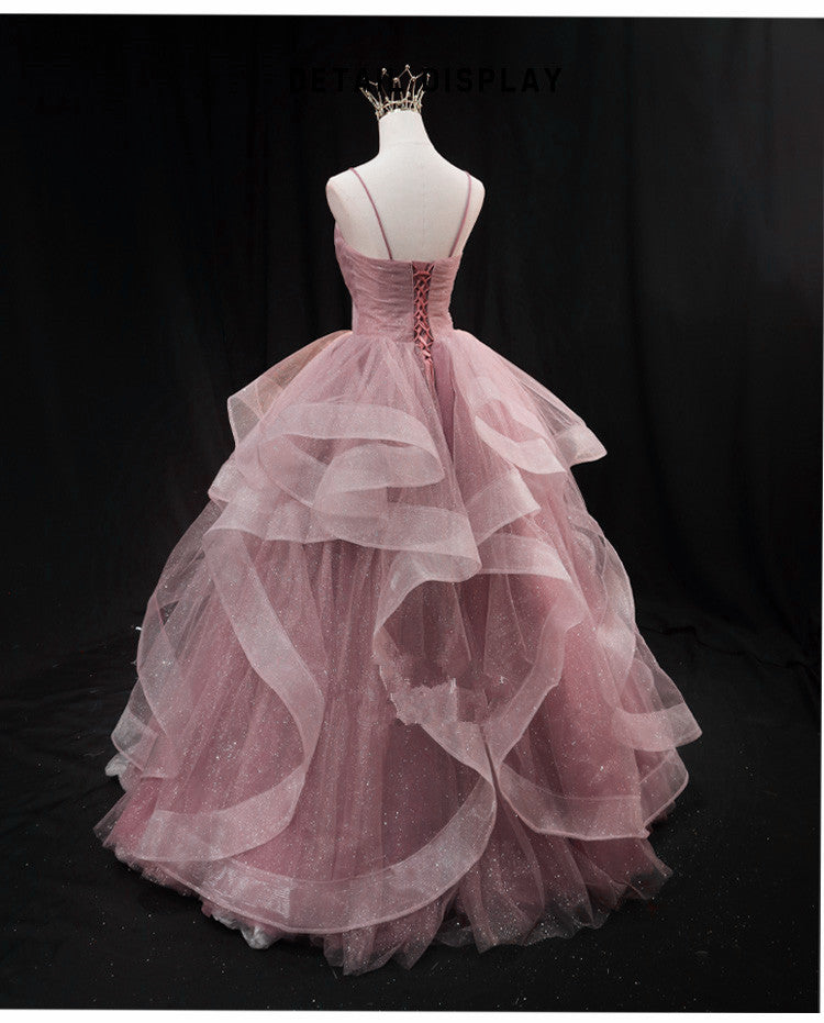 High Low Sweetheart Sleeveless Tulle Pink Long Prom Dresses C1044