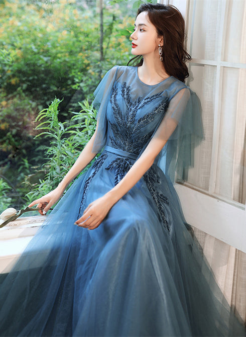 Teal Blue Tulle A-line Long Prom Dress with Lace, Long Formal Dress