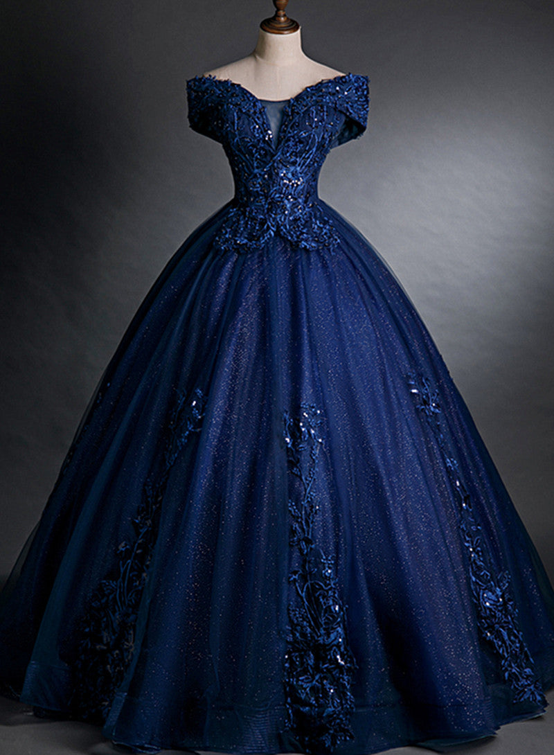 Navy Blue Off Shoulder Ball Gown Tulle with Lace Sweet 16 Gown, Quinceanera Dresses US size 4 / Navy Blue Navy Blue Off Shoulder Ball Gown Tulle with Lace Sweet 16 Gown, Quinceanera Dresses US size 4 / Navy Blue