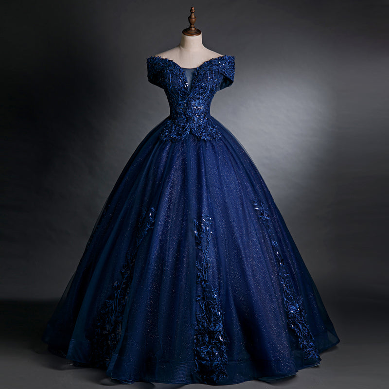 Navy Blue Off Shoulder Ball Gown Tulle with Lace Sweet 16 Gown, Quince ...