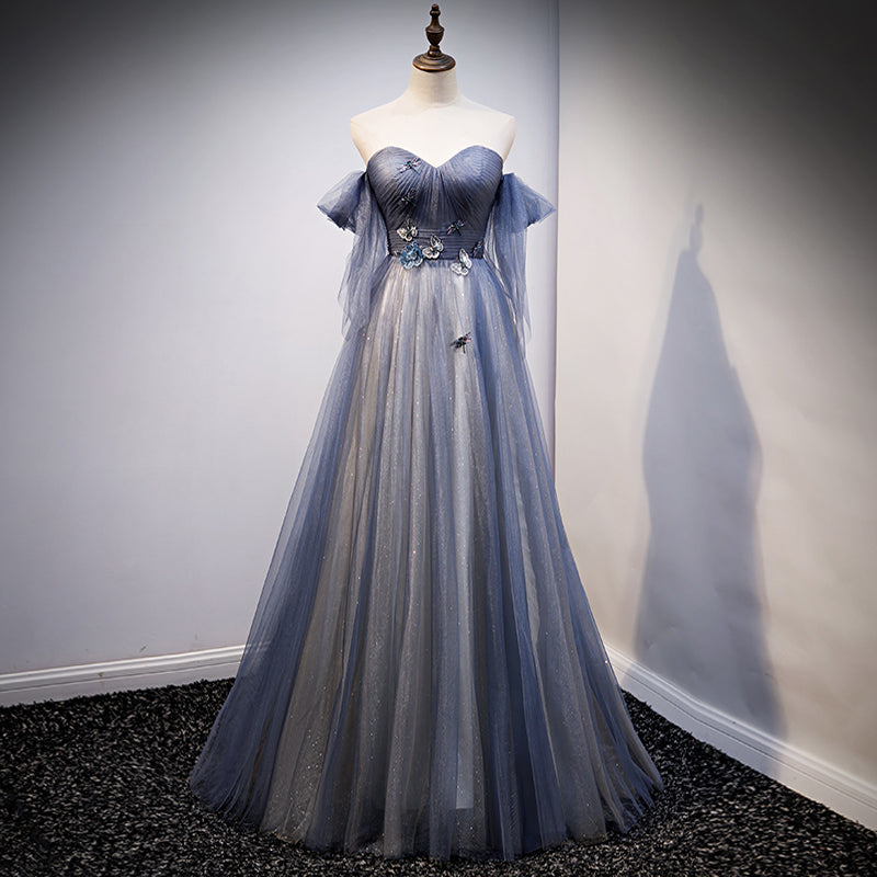 blue gray tulle dress Blue Tulle Straps V-neckline Long Formal Dress, Blue Layers Tulle Prom