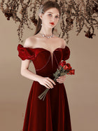 Wine Red Sweetheart Beaded Off Shoulder Party Dress, Wine Red Bridesmaid Dress