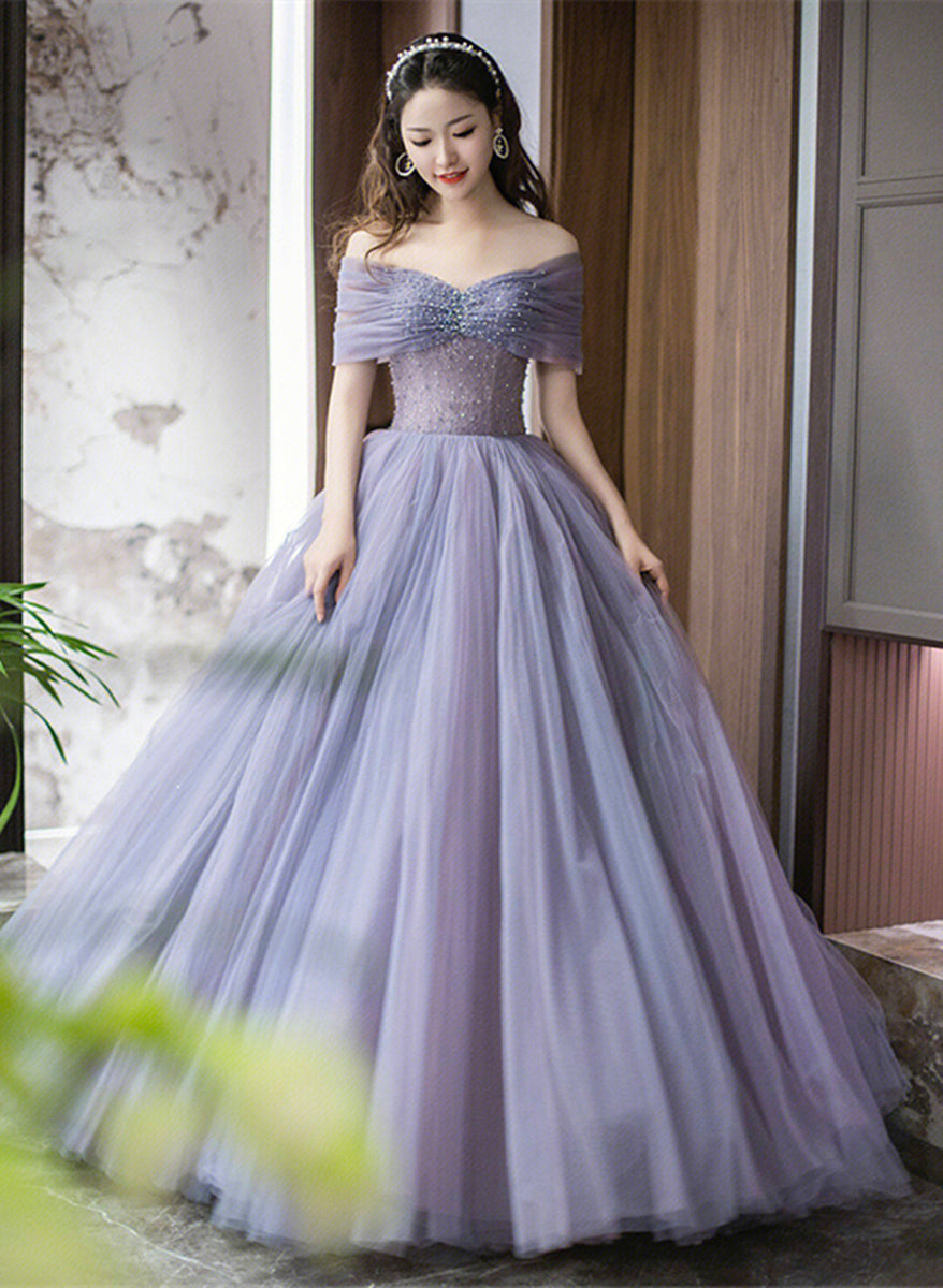 Sweetheart Purple Beading Bodice Tulle Ruffle Pleated Ball Gown Y86