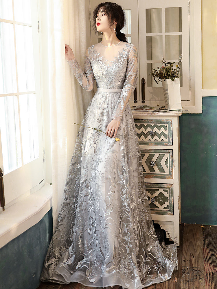 silver grey long sleeve prom dress Sheath Long Sleeves Silver Grey Sequin Long Mermaid Evening Prom Dress   MarryLover
