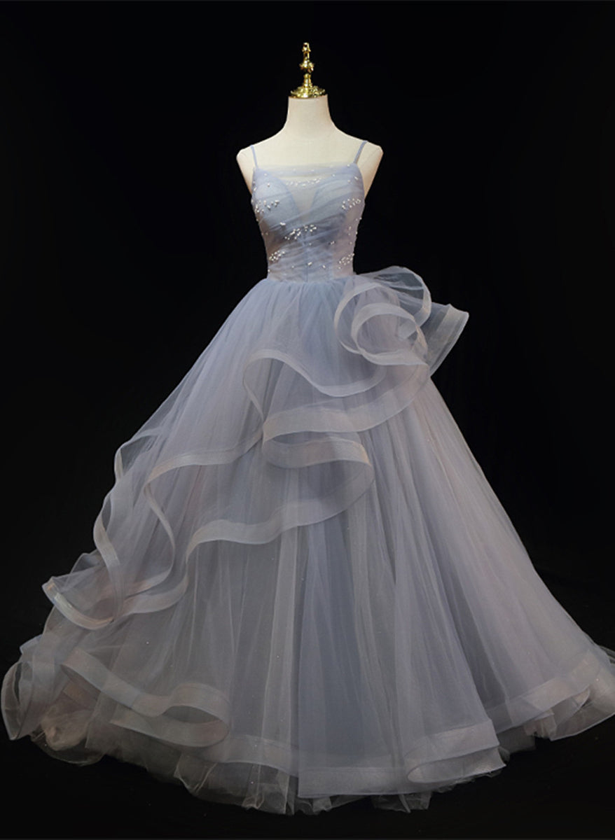 Grey Tulle Straps Layers Long Prom Dress Party Dress, Grey Ball Gown F