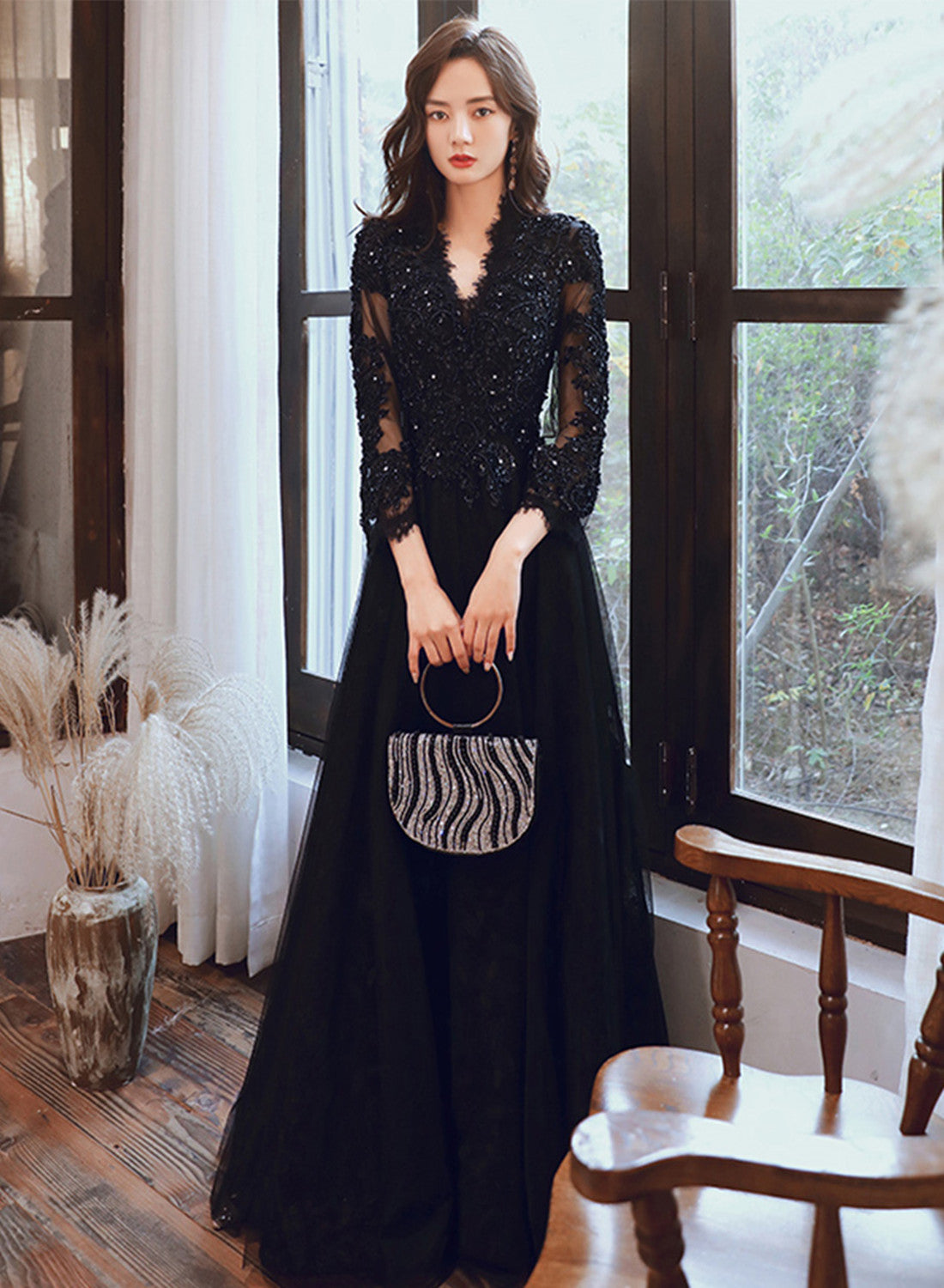 The Look Of Elegance Black Tie At The Front Deep V Ruched Long Sleeve Cocktail Party Dress Midi
