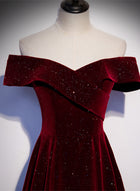 Off Shoulder Wine Red Velvet Long Party Dress, A-line Wine Red Evening ...