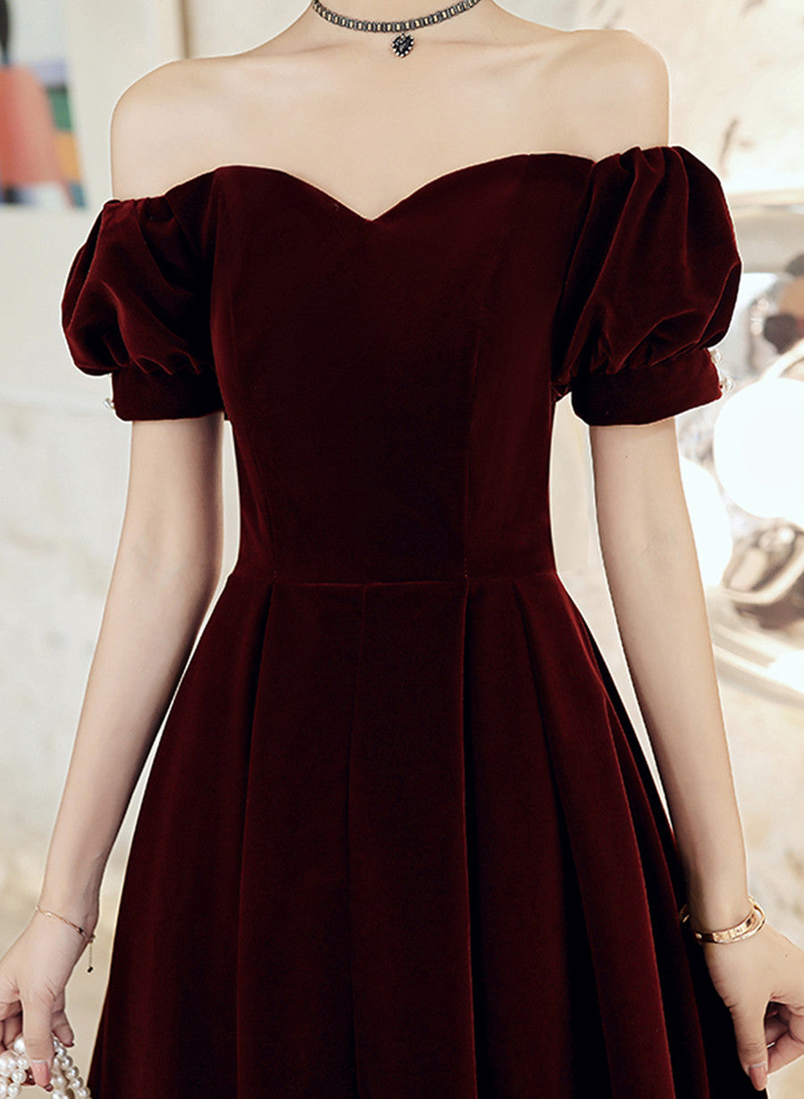 Wine Red Velvet Tea Length Wedding Party Dress, Wine Red Velvet Prom Dress main image 1