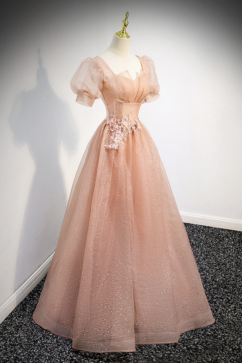 Long Sleeves Tulle Dresses with Appliqued Blushing Pink