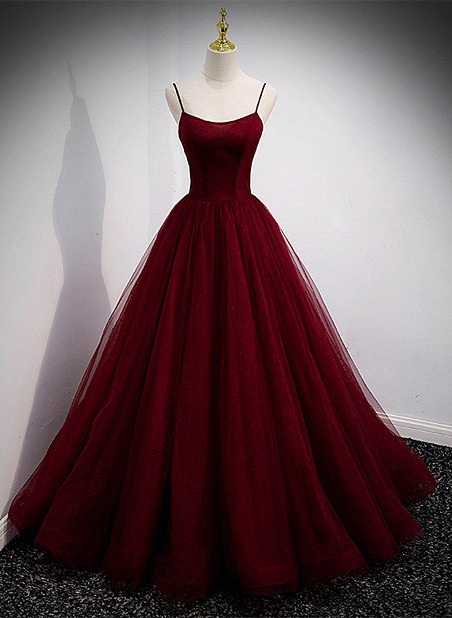 Wine Red Tulle Straps Long Evening Dress Party Dress,Wine Red Prom Dre