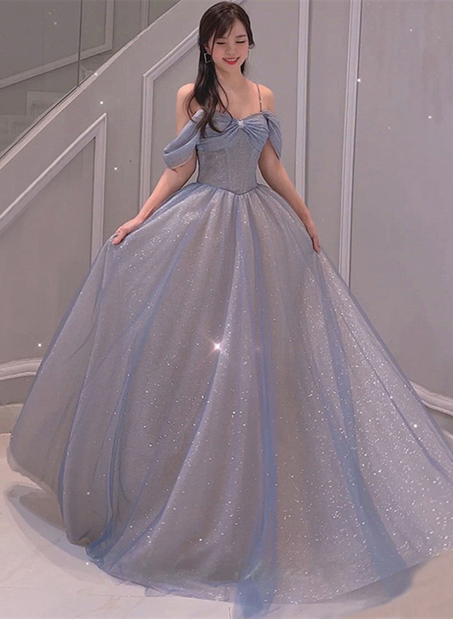 Blue Sequins Sweetheart Off Shoulder Party Dress, A-line Blue Long Evening Dress Prom Dress