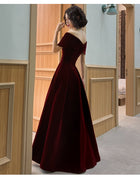 Charming Wine Red Velvet Off Shoulder Long Party Dress, A-line Prom Dr ...