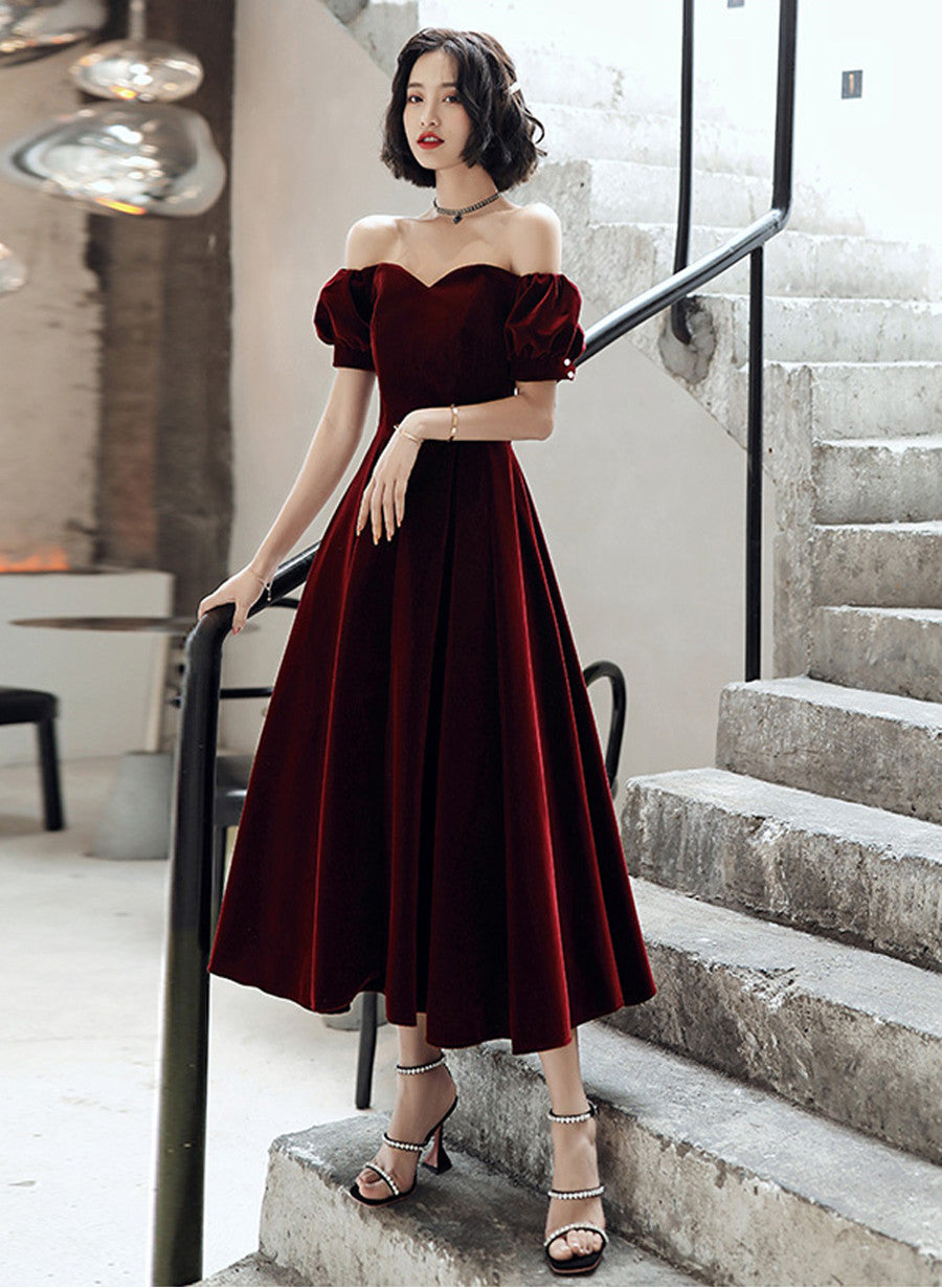 off the shoulder red velvet dress Wine Red Velvet Tea Length Off Shoulder Party Dress, Wine Red Bridesmaid Dress US size 14 / Custom Color