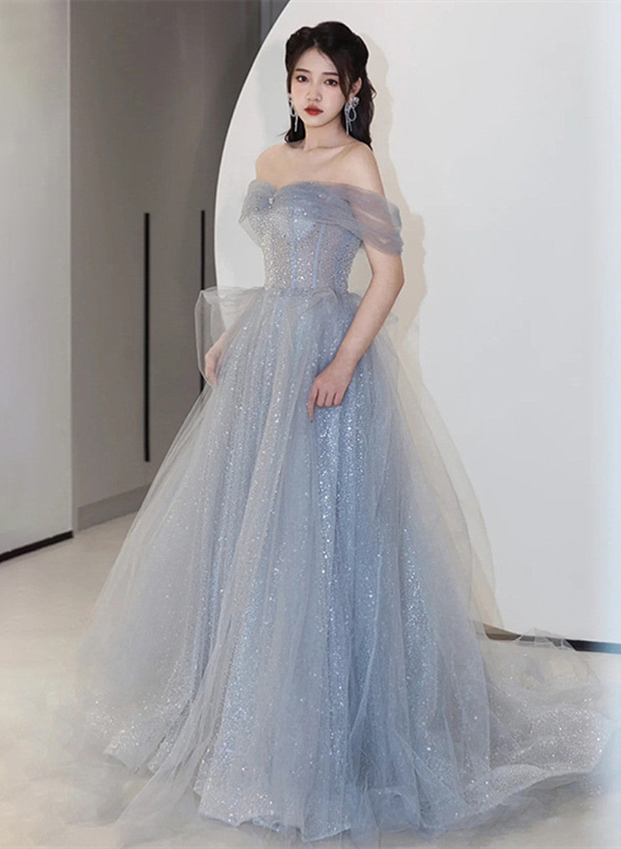 Blue Shiny Tulle Floor Length Prom Dress, Off The Shoulder A-Line Evening Party Dress
