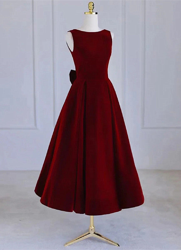 Wine Red Tea Length Velvet Party Dress with Bow, Burgundy Wedding Party Dresses US Size 22w / Wine Red
