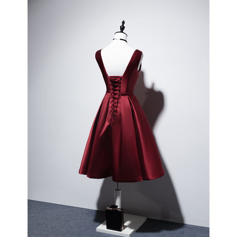 Wine Red Satin V-neckline Short Party Dress, Wine Red Homecoming Dress main image 1