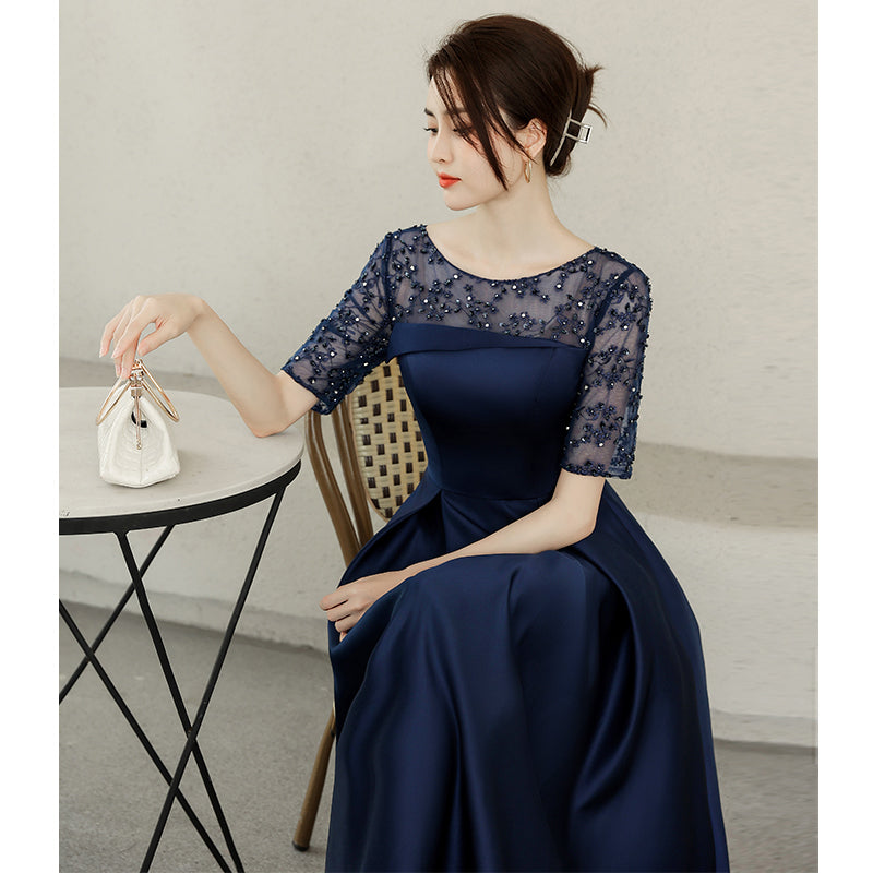 Navy Blue Tea Length Satin Short Sleeves Party Dress, Blue Wedding Par — free download
