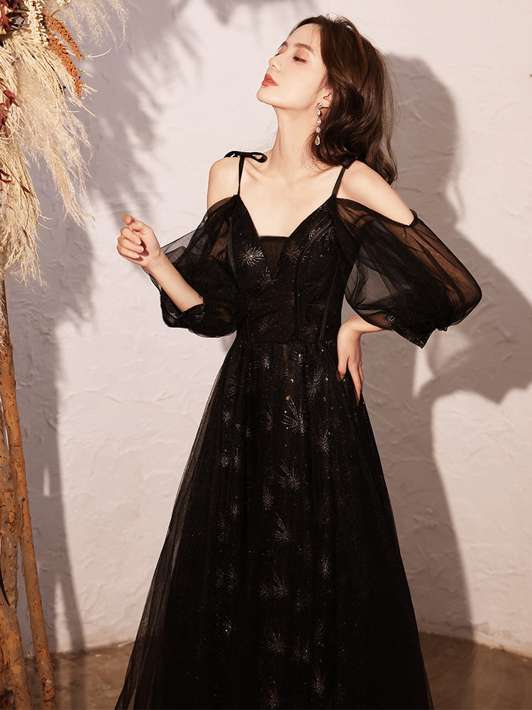 Black A-Line V Neck Backless Long Prom Dress Formal Party Dress,DP1353 main image 1