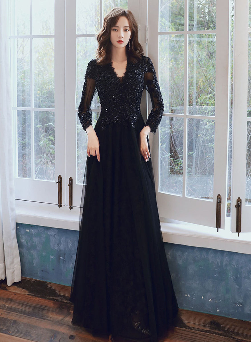 Black Long Sleeves V-neckline Tulle with Lace Party Dress, Black Eveni