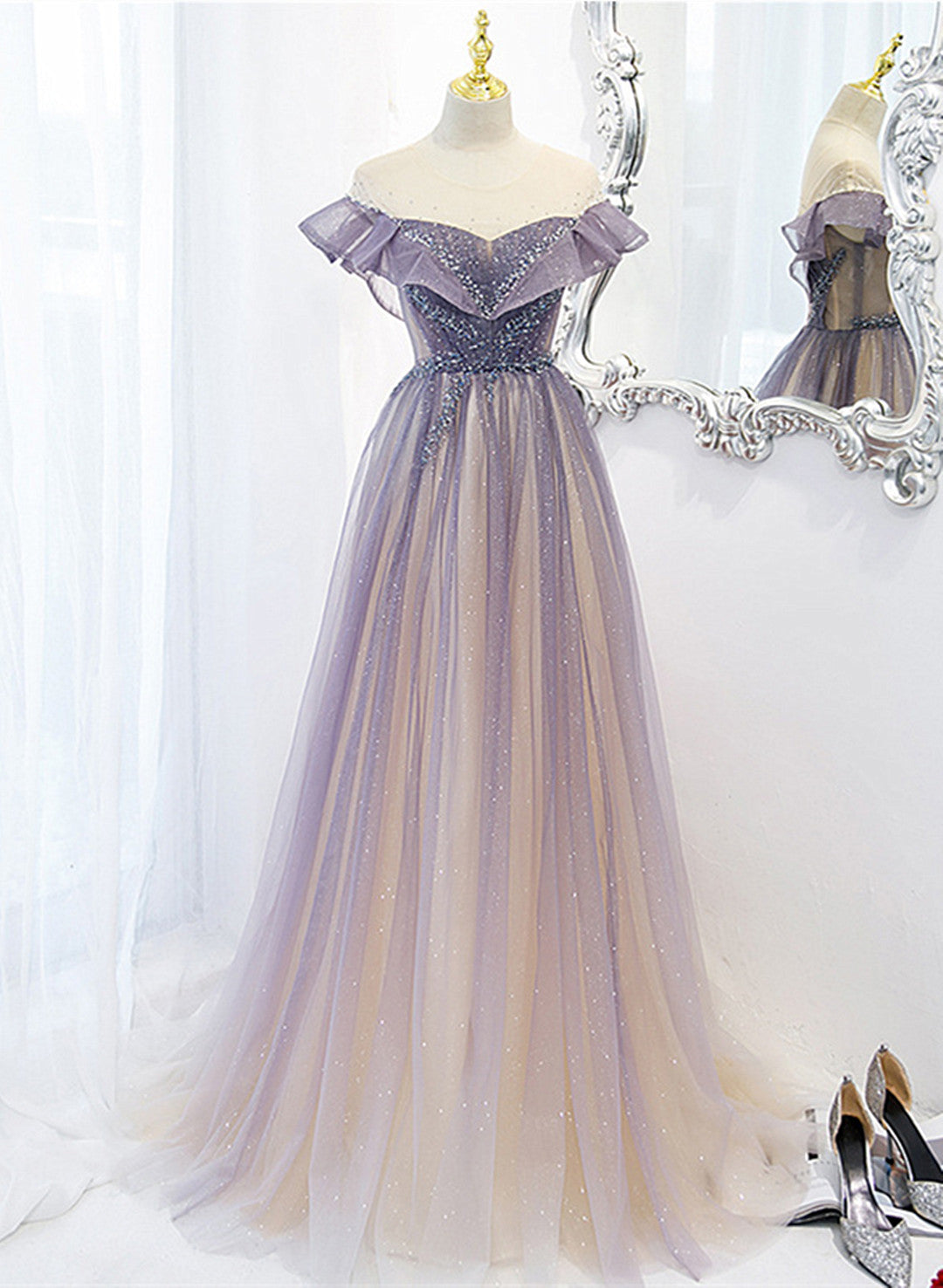 fitted lace wedding dress Deep V-neck Gradient Purple Tulle Prom Dresses, Lovely Fluffy Prom Dresses,  New 2020 Prom Dresses